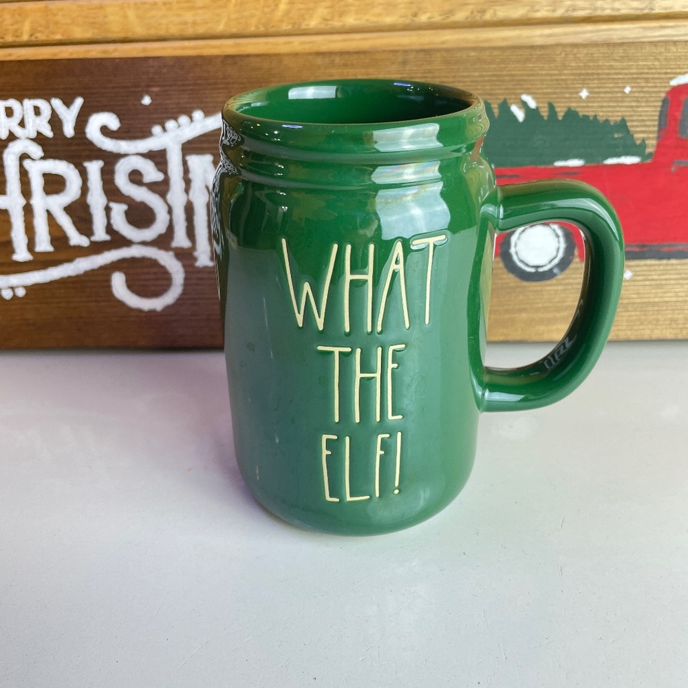 Rae Dunn Green Ceramic Large Mason Jar Christmas Mug WHAT THE ELF